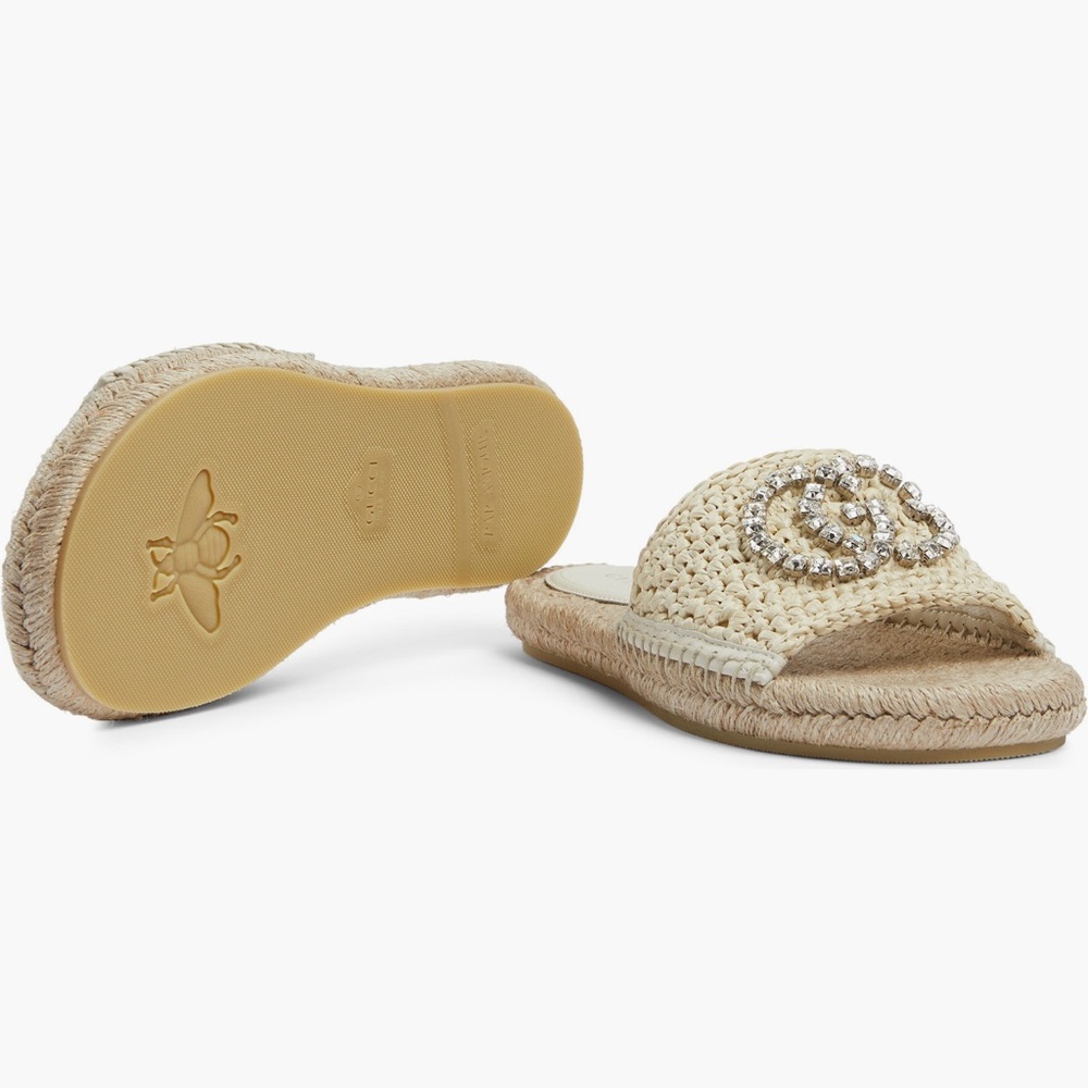 Authentic Gucci Cora Crystal GG Logo Espadrille Slide Sandal Raffia New 10 - Picture 5 of 11